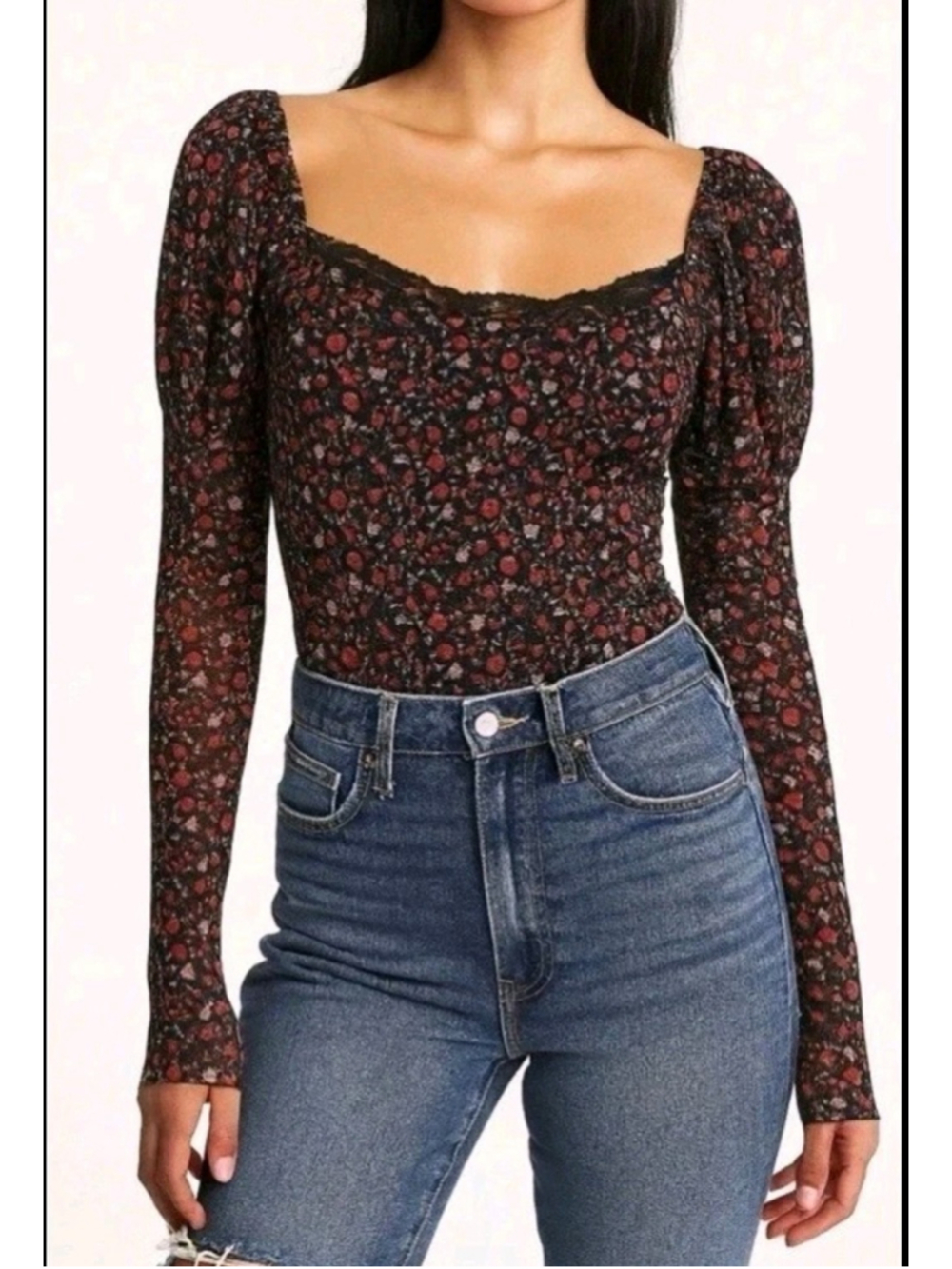 NWT Maeve Anthropologie Floral Mesh Top Size M Puff Sleeve Square Neck Black